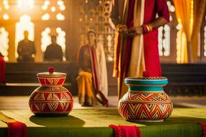 en man och kvinna i traditionell indisk Kläder är stående i främre av en dekorerad pott. ai-genererad foto