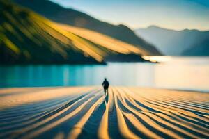 en person gående på de strand i främre av berg. ai-genererad foto