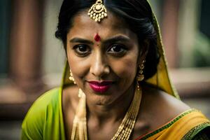 en kvinna i en sari poser för en porträtt. ai-genererad foto
