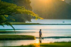 en man stående i de vatten på solnedgång. ai-genererad foto