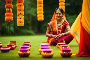 en kvinna i traditionell indisk klädsel sitter på de gräs med färgrik krukor. ai-genererad foto