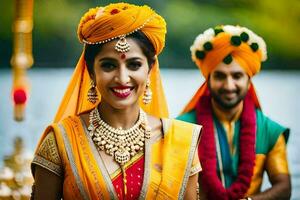 en brud och brudgum i traditionell indisk klädsel. ai-genererad foto