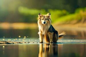 en hund Sammanträde på de Strand av en flod. ai-genererad foto