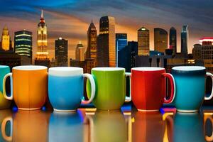 färgrik kaffe koppar fodrad upp i främre av en stad horisont. ai-genererad foto