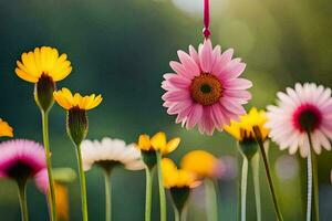 en knippa av blommor med en rosa blomma hängande från Det. ai-genererad foto