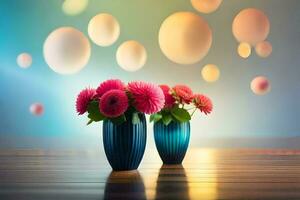 två vaser med rosa blommor på en trä- golv. ai-genererad foto