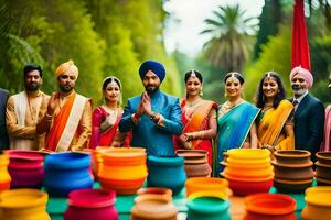 en grupp av människor i färgrik saris stående runt om en tabell med krukor. ai-genererad foto
