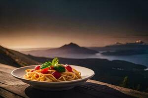 en tallrik av pasta med en se av de berg. ai-genererad foto