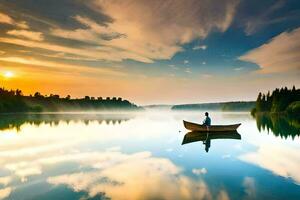 en man i en båt på en lugna sjö på solnedgång. ai-genererad foto