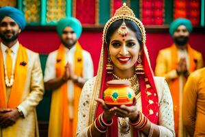 en brud i traditionell indisk klädsel innehav en pott. ai-genererad foto