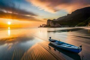 de båt är på de strand på solnedgång. ai-genererad foto