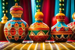 färgrik vaser med dekorativ mönster på dem. ai-genererad foto