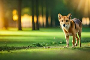 en hund är gående i de gräs i de Sol. ai-genererad foto