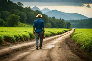 en man gående ner en smuts väg i de mitten av en ris fält. ai-genererad foto
