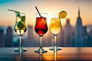 tre glasögon av cocktails med de stad horisont i de bakgrund. ai-genererad foto