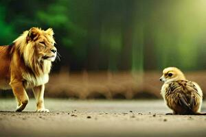 de lejon och de fågel. ai-genererad foto