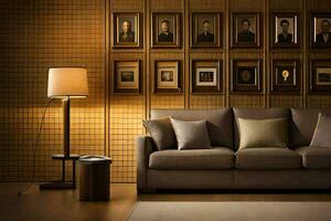 en levande rum med en soffa och en lampa. ai-genererad foto
