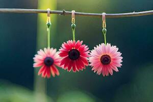 tre rosa blommor hänga från en gren. ai-genererad foto