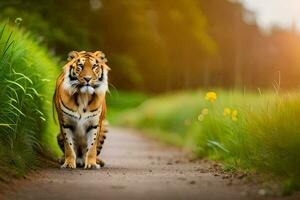 en tiger gående ner en väg i de gräs. ai-genererad foto