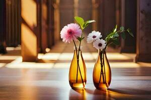 två vaser med blommor Sammanträde på en trä- golv. ai-genererad foto