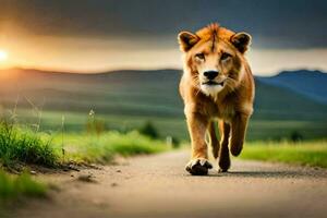 en lejon gående ner en väg på solnedgång. ai-genererad foto