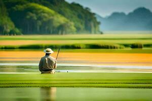 en man Sammanträde på de kant av en sjö med en fiske stång. ai-genererad foto