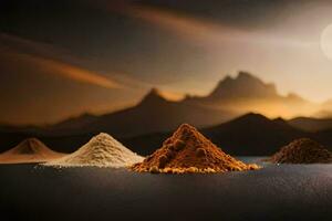 tre annorlunda typer av kryddor är visad i främre av en berg. ai-genererad foto