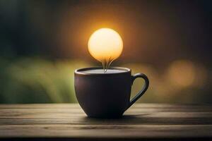 en kopp av kaffe med en ljus Glödlampa i Det. ai-genererad foto