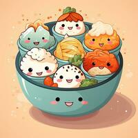 tecknad serie japansk mat. rolig söt tecken asiatisk mat. ai generativ foto