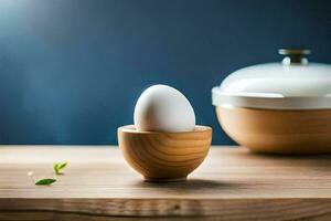 ett ägg i en trä- ägg kopp på en tabell. ai-genererad foto