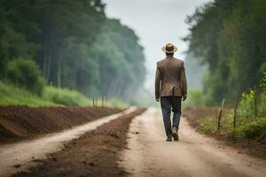 en man i en kostym och hatt promenader ner en smuts väg. ai-genererad foto