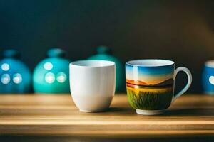 två kaffe koppar på en tabell med en bild av en landskap. ai-genererad foto