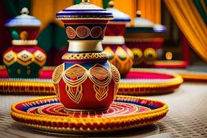 indisk bröllop dekor med färgrik vaser och tallrikar. ai-genererad foto