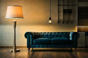 en blå soffa i en rum med tegel väggar. ai-genererad foto