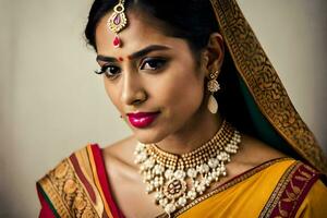 en skön indisk kvinna bär Smycken och en sari. ai-genererad foto