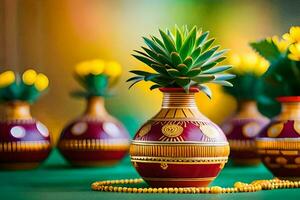 en grupp av färgrik vaser med en ananas växt i dem. ai-genererad foto