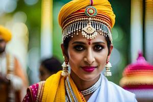 en kvinna i traditionell indisk klädsel med guld Smycken. ai-genererad foto
