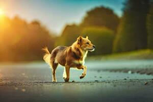 en hund gående på de väg på solnedgång. ai-genererad foto