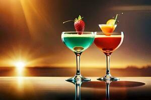 två glasögon av cocktails med frukt och bär på de tabell. ai-genererad foto