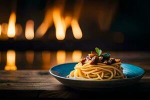 spaghetti med valnötter och mynta på en tallrik. ai-genererad foto