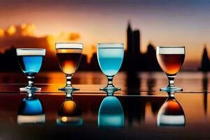 fyra glasögon av annorlunda färgad drycker på en tabell. ai-genererad foto