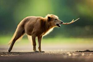 en hund med en pinne i dess mun. ai-genererad foto