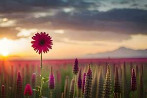 en rosa blomma står i de mitten av en fält. ai-genererad foto