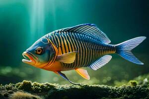 en fisk med ljus blå och gul Ränder. ai-genererad foto