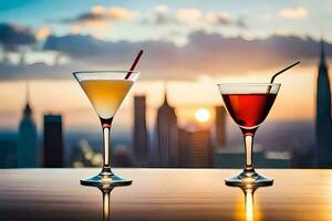 två glasögon av cocktails med de stad horisont i de bakgrund. ai-genererad foto