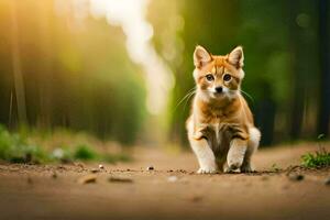 en små orange och vit katt gående på en smuts väg. ai-genererad foto