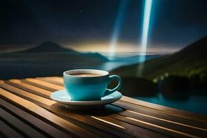 en kopp av kaffe på en trä- tabell med en berg i de bakgrund. ai-genererad foto