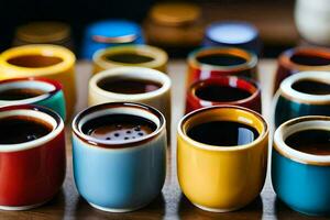 en rad av färgrik koppar med kaffe i dem. ai-genererad foto