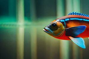 en färgrik fisk med blå och orange Ränder. ai-genererad foto