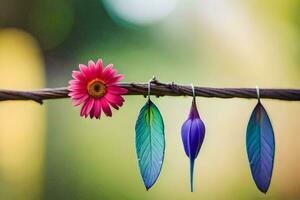 färgrik fjädrar hängande från en tråd med en blomma. ai-genererad foto